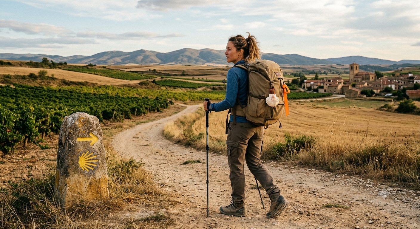 A pilgrim walking a misty forested path in Galicia on the Camino Francés